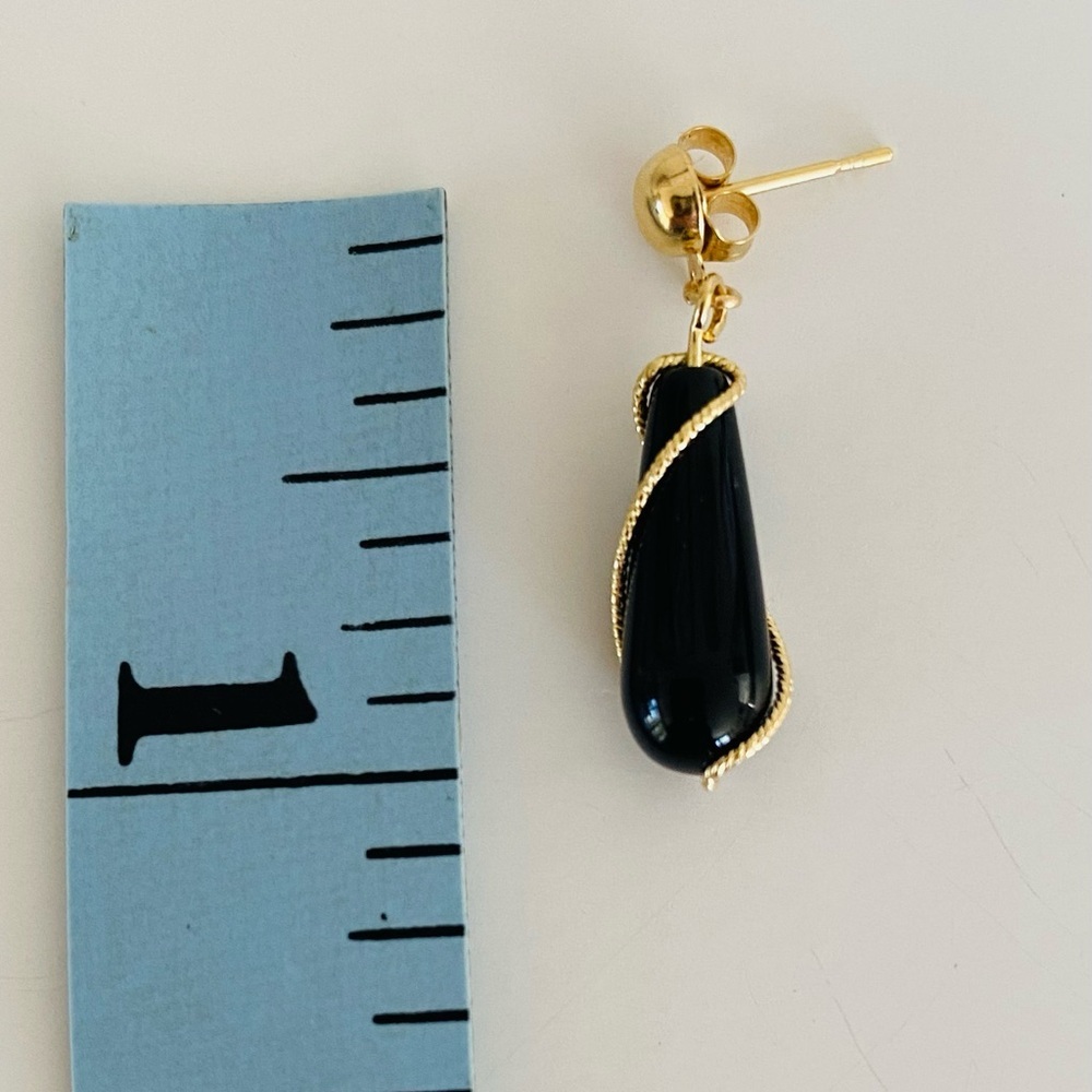 14K Yellow Gold 1” Onyx Dangle Gold Wire Twist Drop Earrings Vintage Unique - Picture 8 of 8
